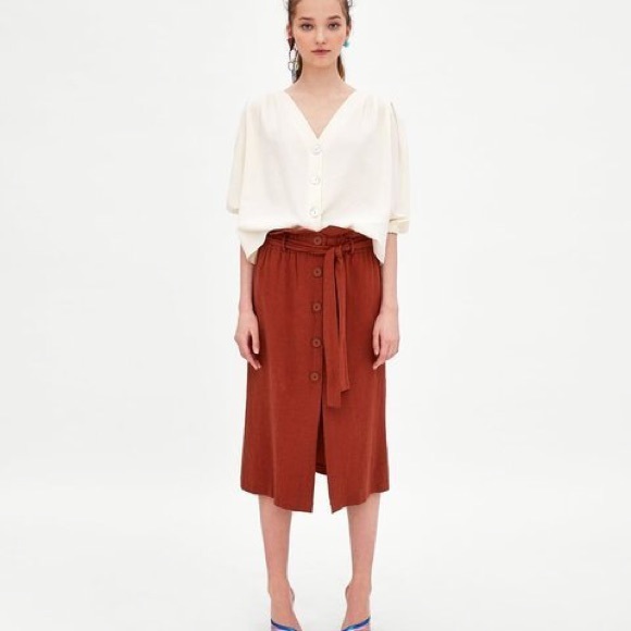 Zara rust terracotta linen midi skirt - Picture 2 of 10